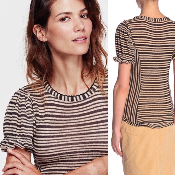 Free People Ruffle Sleeve Tee Blouse Striped - Picture 4 of 8